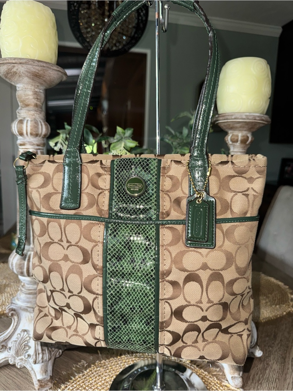 Coach Signature Tote with Green Snake Accents Double Hang Tags in GUC